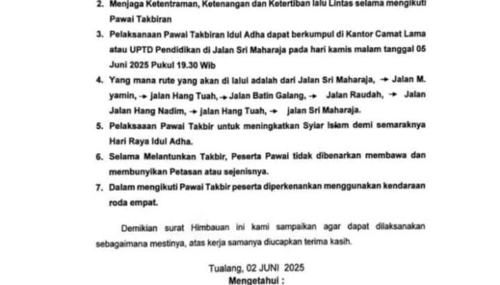 Tualang Siap Gelar Pawai Takbiran Idul Adha 1446 H, Masyarakat Diimbau Jaga Ketertiban