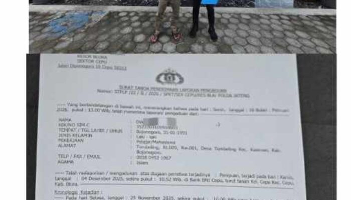 Pemilik Dapur SPPG Kasiman 1 Dilaporkan ke Polsek Cepu Atas Dugaan Penipuan Rp50 Juta