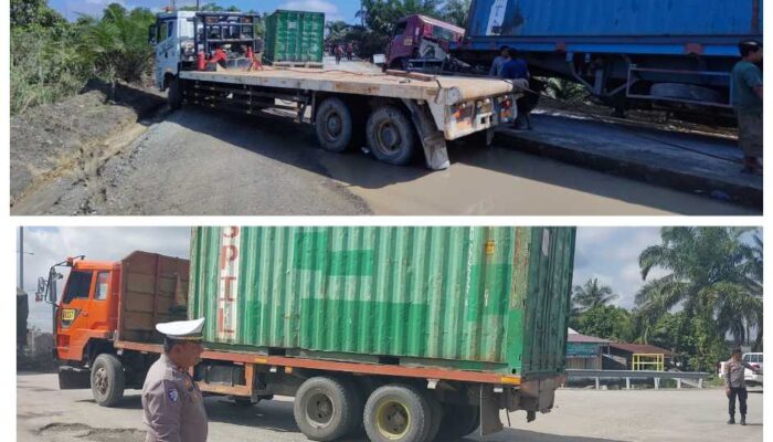 Satu Kontainer Terperosok di Area Proyek Jalan Minas–Perawang, Satlantas Polres Siak Gerak Cepat Pulihkan Arus Lalu Lintas